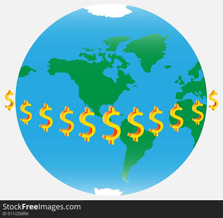 Illustration of globe and dollars