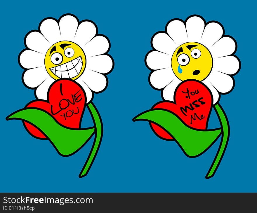 Cartooned flower with love messages in two variants