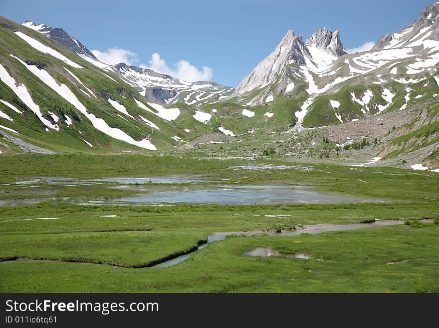 The beautiful landscape of Combal Lake, Mont Blanc massif, Courmayeur, Italy. The beautiful landscape of Combal Lake, Mont Blanc massif, Courmayeur, Italy