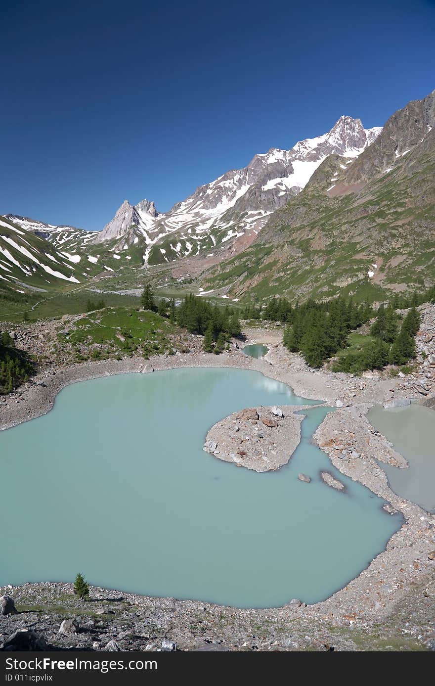 The beautiful landscape of Miage Lake, Mont Blanc massif, Courmayeur, Italy. The beautiful landscape of Miage Lake, Mont Blanc massif, Courmayeur, Italy