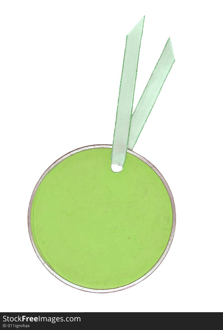 Green, round tag with gold ribbon blank for your own text. Green, round tag with gold ribbon blank for your own text.