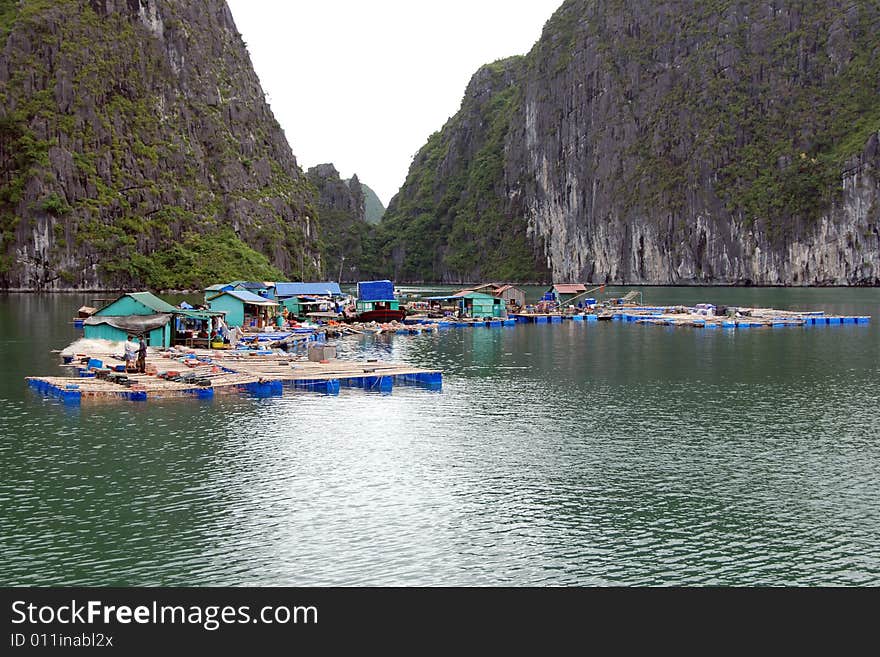 A floating fisherman's village in ha long bay, northern vietnam. A floating fisherman's village in ha long bay, northern vietnam