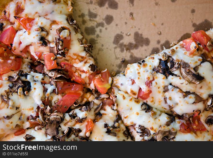 Closeup on pizza with tomatoes and mashrooms. Closeup on pizza with tomatoes and mashrooms