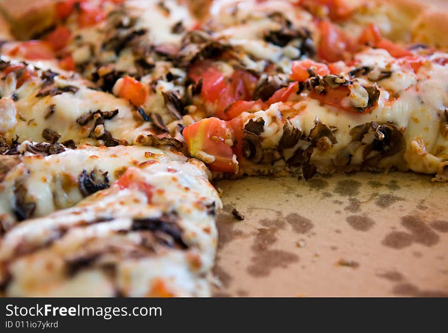 Closeup on pizza with tomatoes and mashrooms. Closeup on pizza with tomatoes and mashrooms