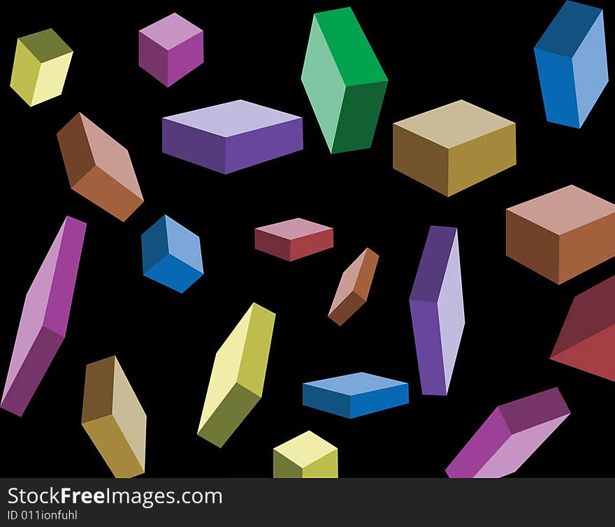 A full spectrum of cubes falling through space. A full spectrum of cubes falling through space