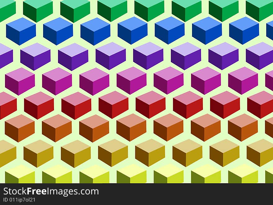 Cubes arranged in rows in an ascending order based on the color spectrum. Cubes arranged in rows in an ascending order based on the color spectrum