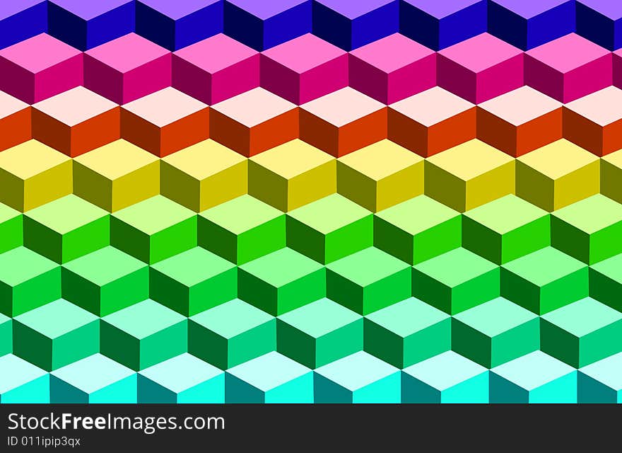 Cubes arranged in rows in an ascending order based on the color spectrum. Cubes arranged in rows in an ascending order based on the color spectrum