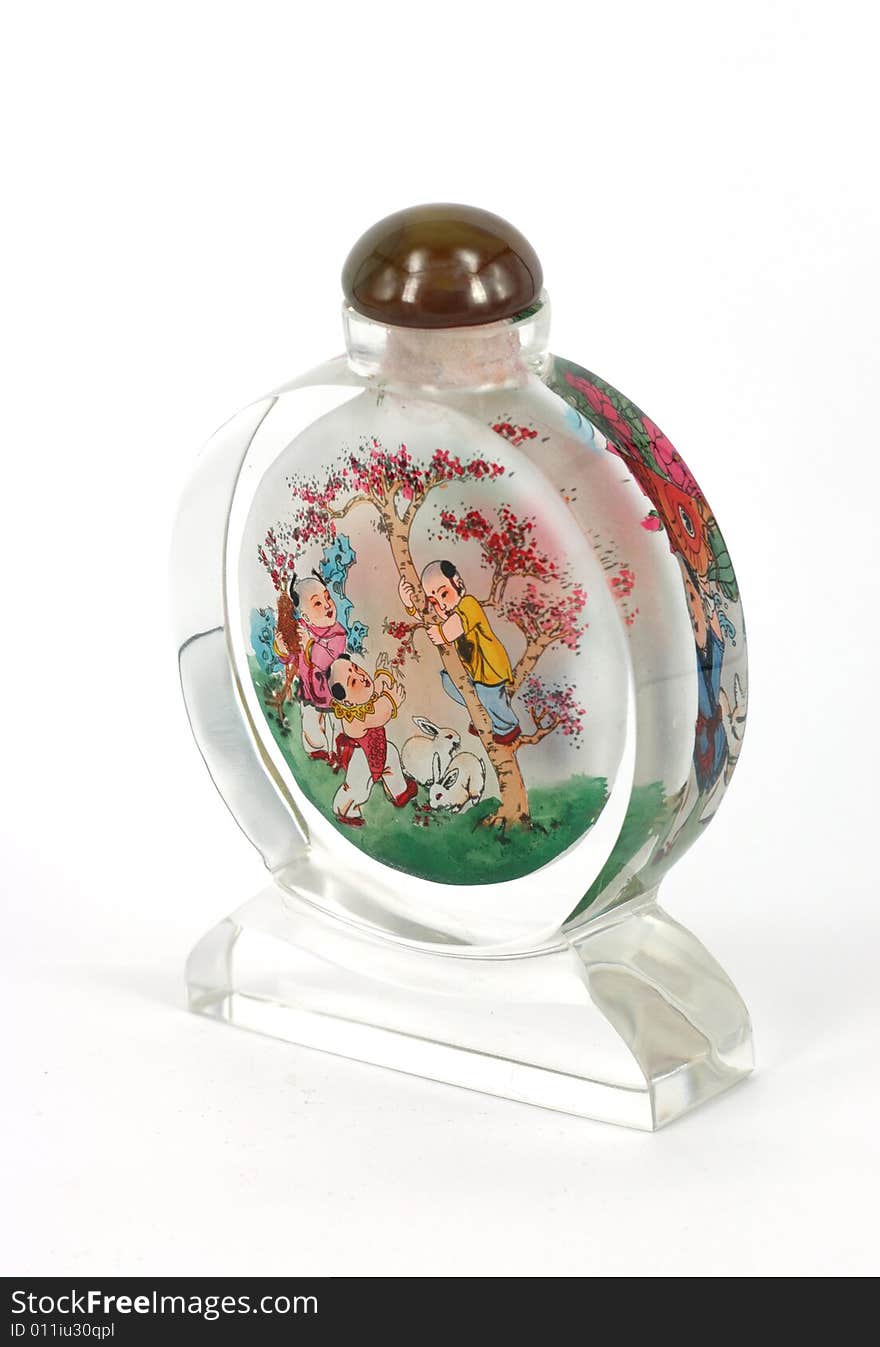 Snuff-bottle with inside painting on white background.