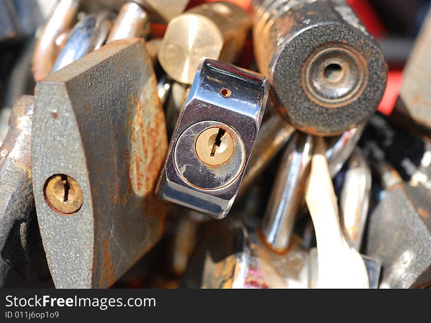 A multitude of locks, hung by lovers on the bridge in Moscow, Russia.