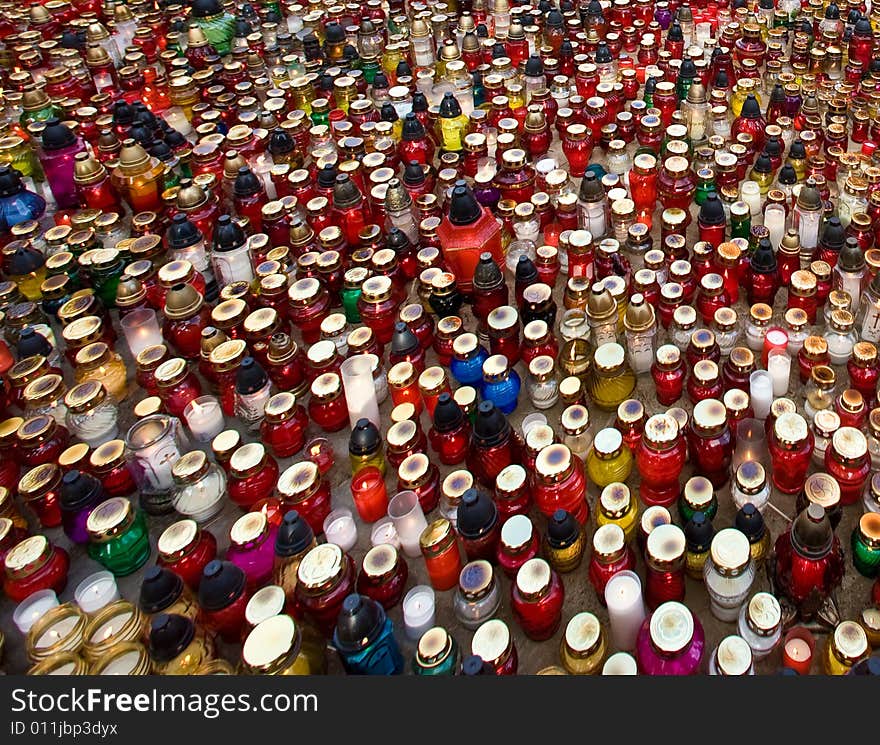 Candles burning at cemetery