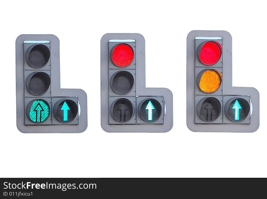 Three kinds of signals on a traffic light on a white background