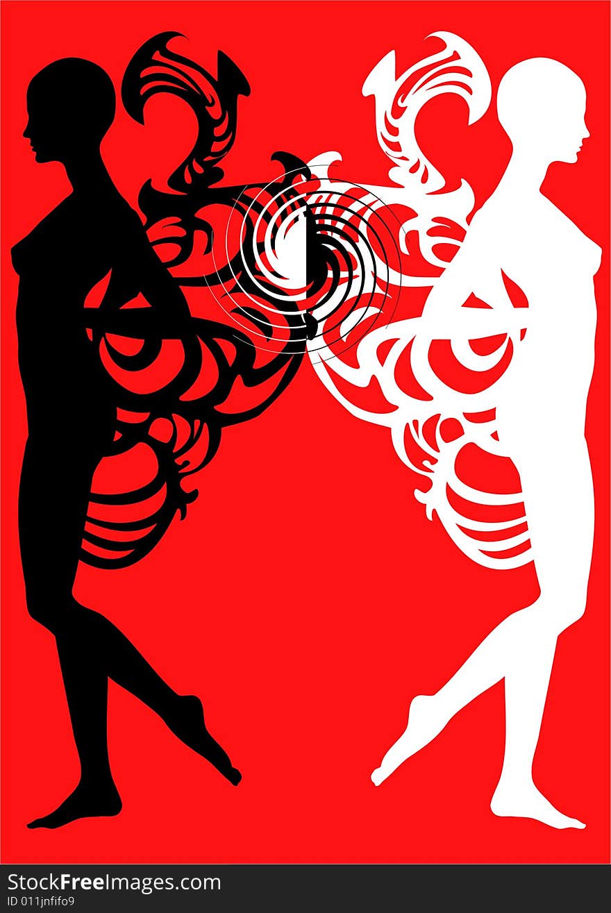 Illustration with the image of the beautiful abstract girl on a red background. Illustration with the image of the beautiful abstract girl on a red background.