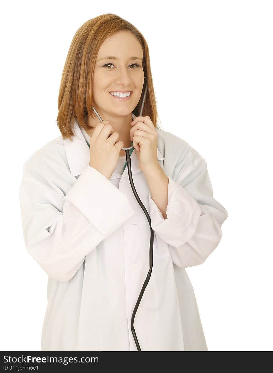 Shot of isolated doctor woman or lab worker holding her stethoscope. Shot of isolated doctor woman or lab worker holding her stethoscope