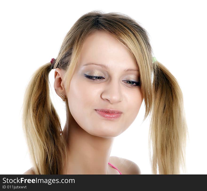 Beautiful woman. Portrait on a white background. Fashion photography.