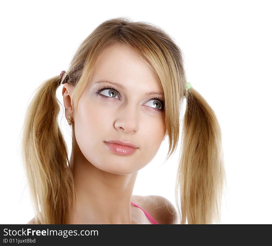 Beautiful woman. Portrait on a white background. Fashion photography.