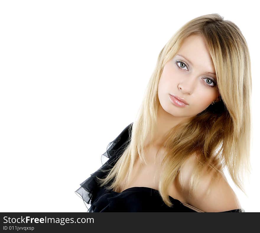 Beautiful woman. Portrait on a white background. Fashion photography.