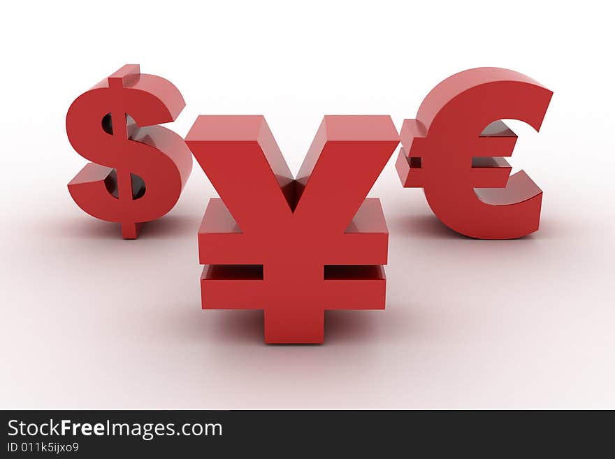 Red Yen Dollar and Euro isolated