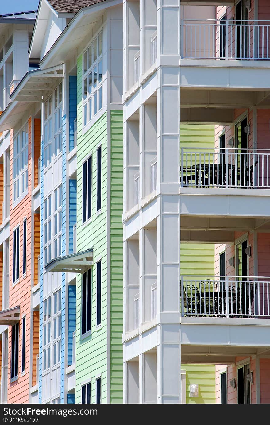 Colorful beach condos side view. Colorful beach condos side view