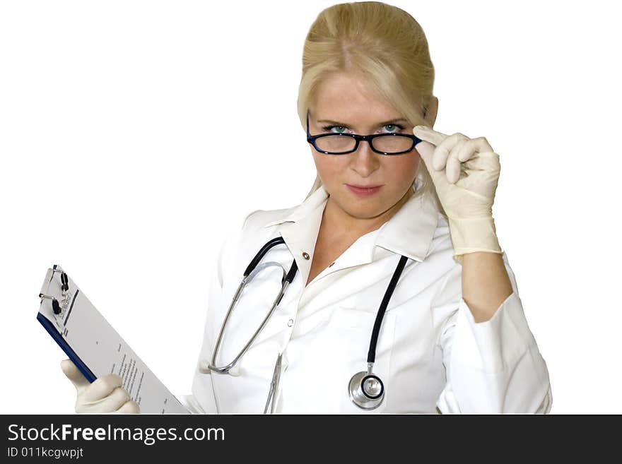 A young female doctor/nurse in glasses and gloves isolated on white background. A young female doctor/nurse in glasses and gloves isolated on white background