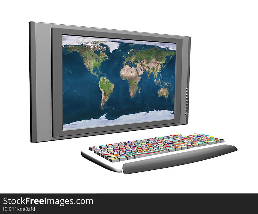 Computer Keyboard with Flags on key buttons, and large screen with World map.