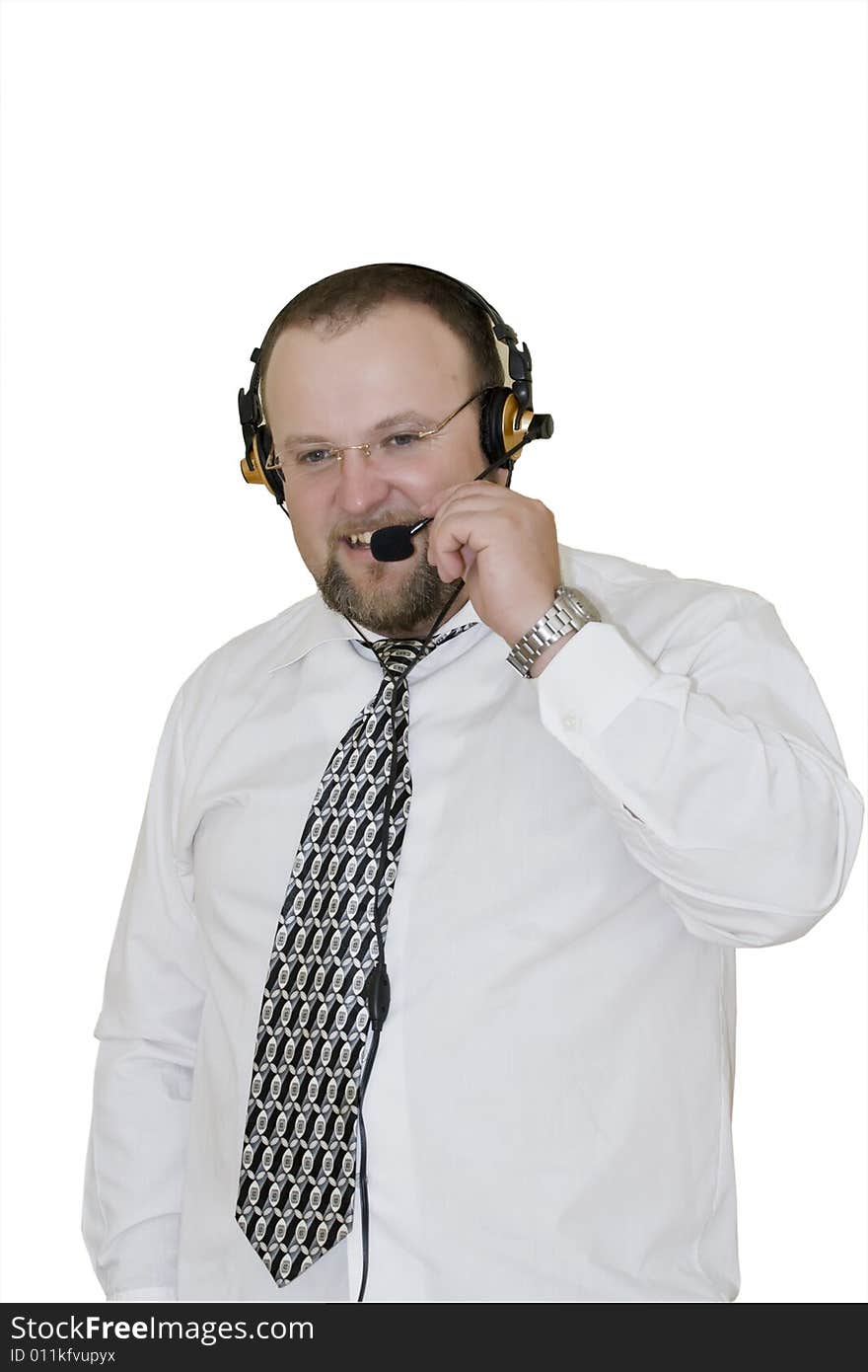 Male customer Representative with headset smiling during a telephone conversation. Male customer Representative with headset smiling during a telephone conversation