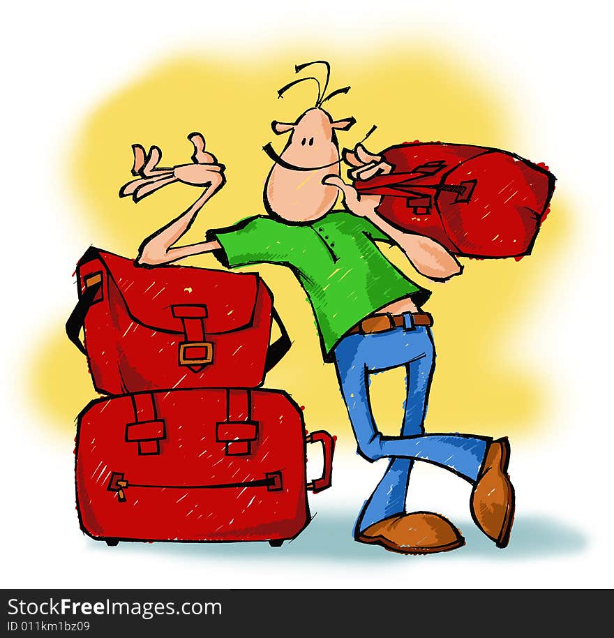 Cartoon drawing of a smiling guy with bags. Cartoon drawing of a smiling guy with bags.