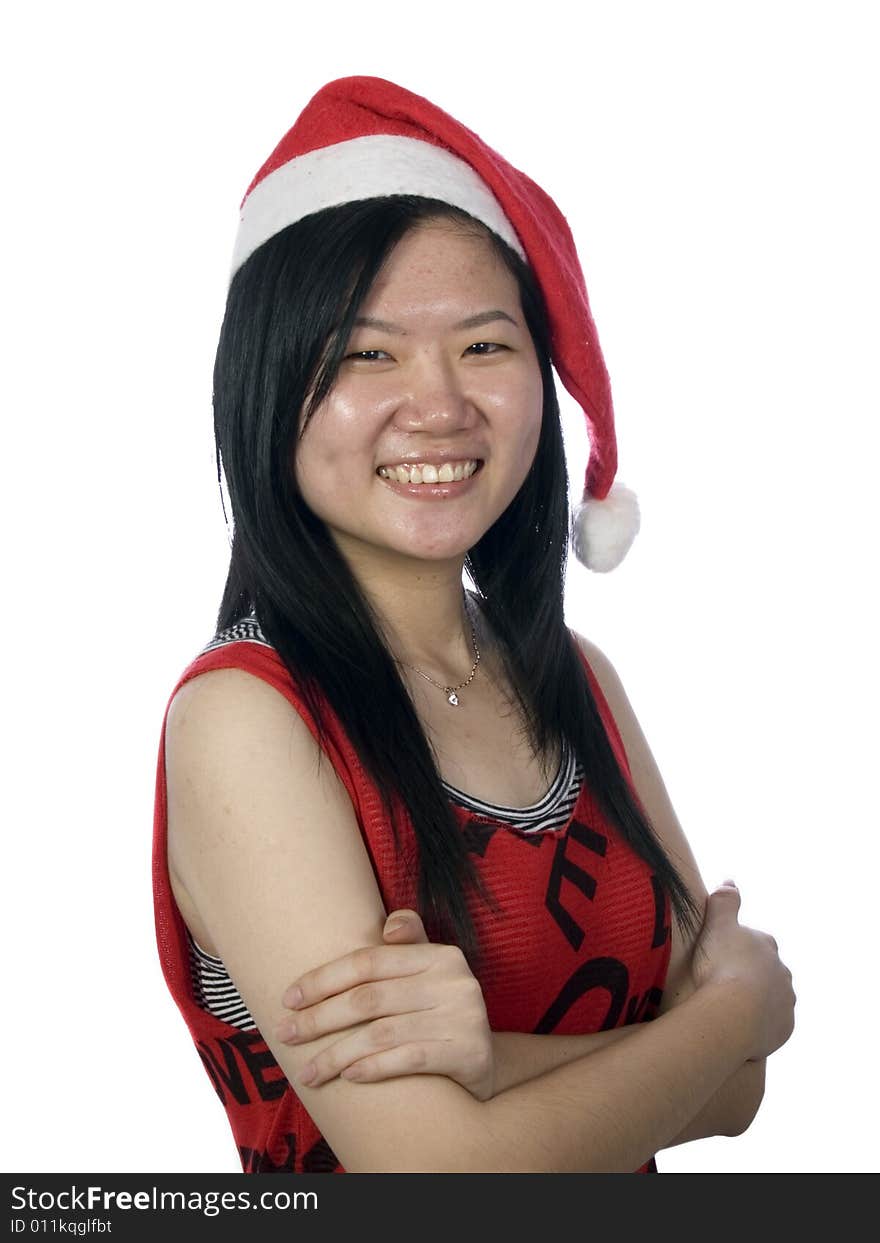 Portrait of a santa girl with hat at white background. Portrait of a santa girl with hat at white background