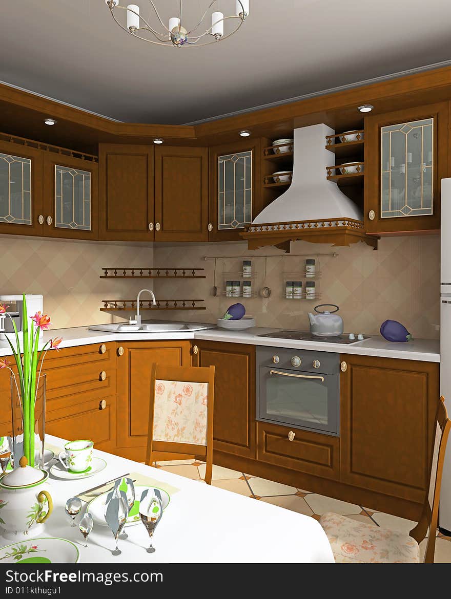 Interior of kitchen with elements of classics