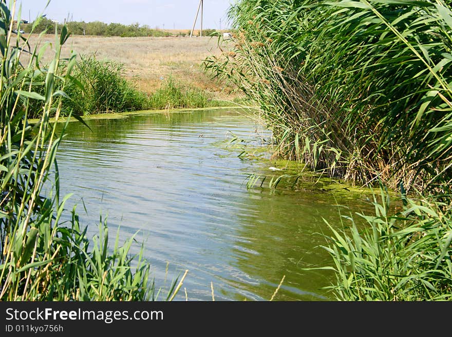 Calm rural river on background year blue sky and cloud