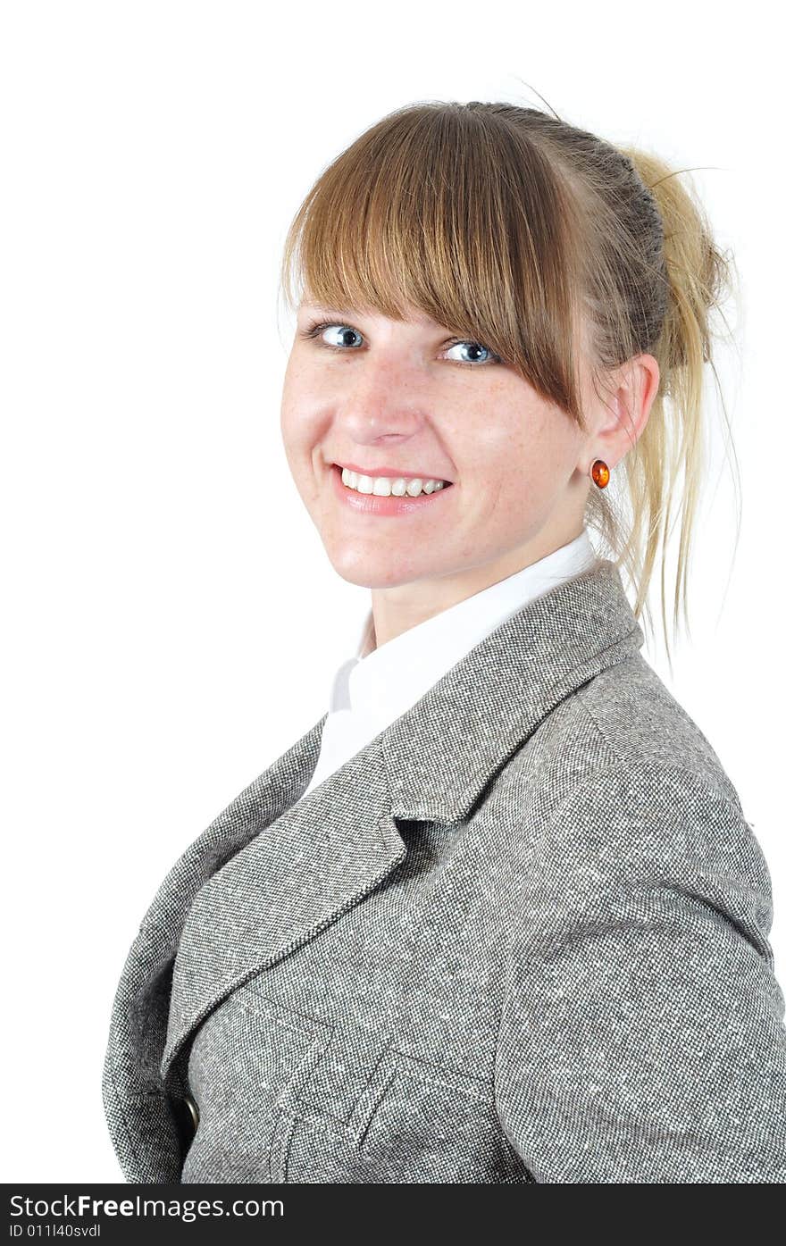 Portrait of the smiling businesswoman on white background