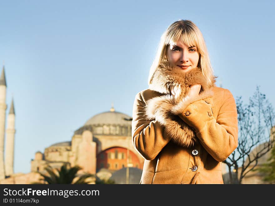 Beautiful blond girl in lambskin coat (Turkey, Istanbul)