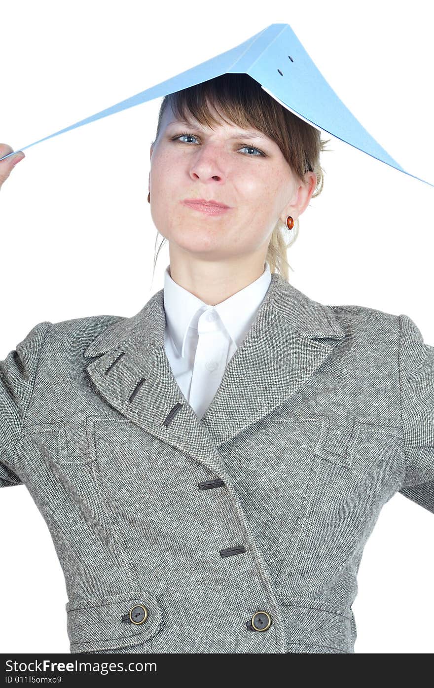 Tires businesswoman discontentedly look from under folder on white background. Tires businesswoman discontentedly look from under folder on white background