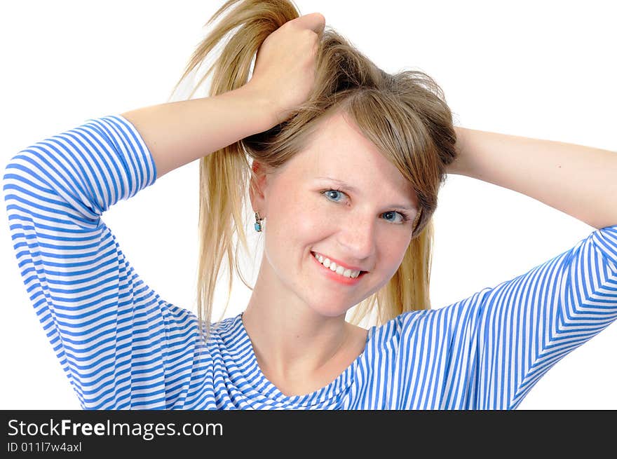 Attractive blue-eyed girl with two hair tails, isolated on white