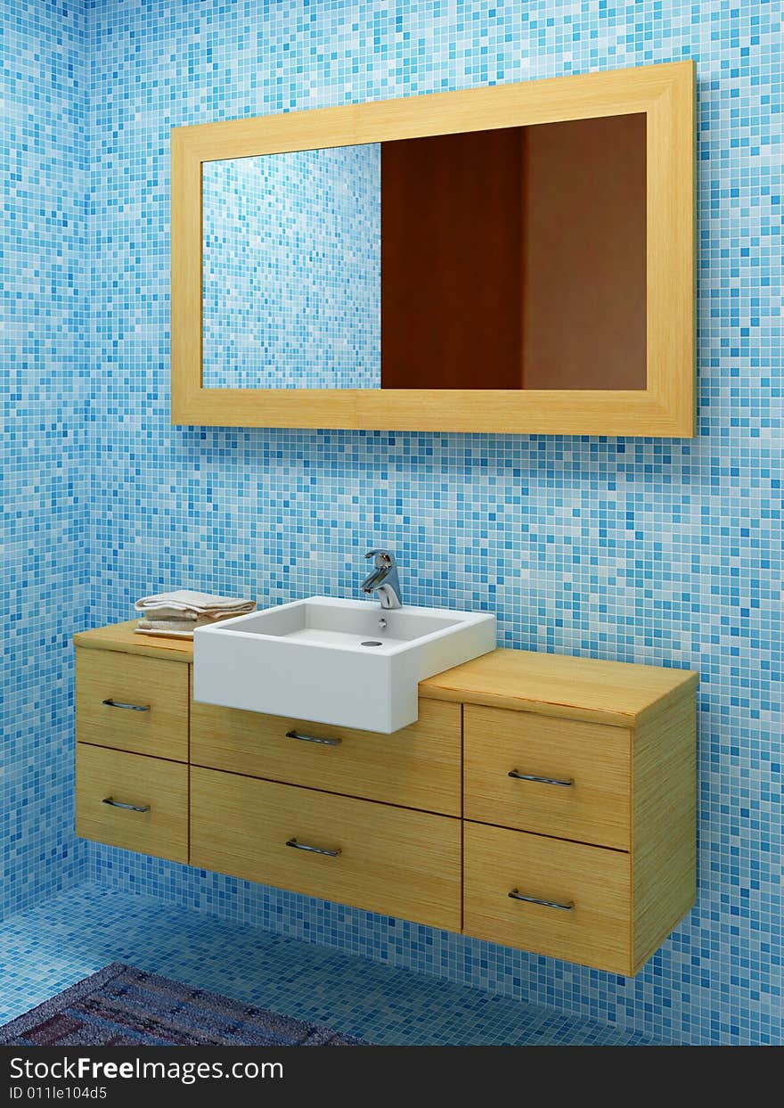 Image 3d of modern blue and wood bathroom. Image 3d of modern blue and wood bathroom