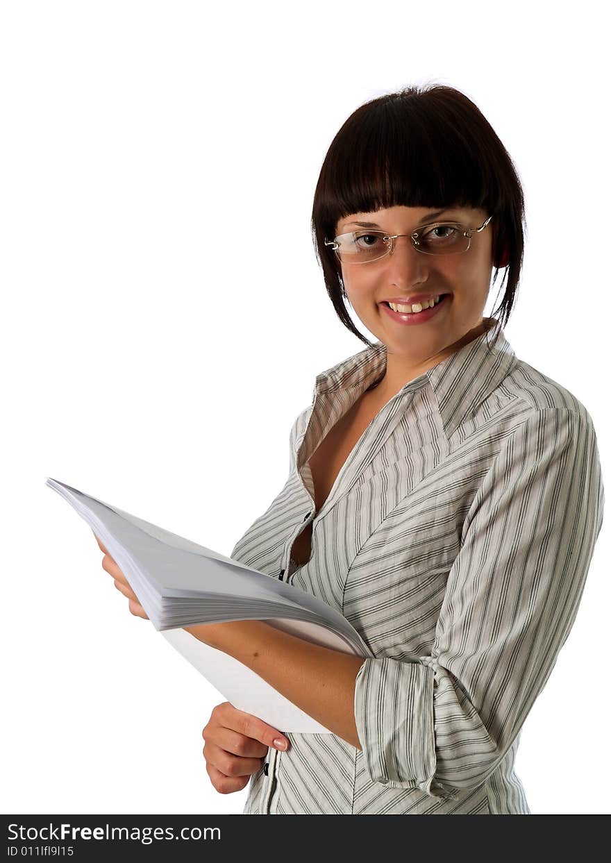 Young attractive lady in formal-wear holding papers smiling. Young attractive lady in formal-wear holding papers smiling