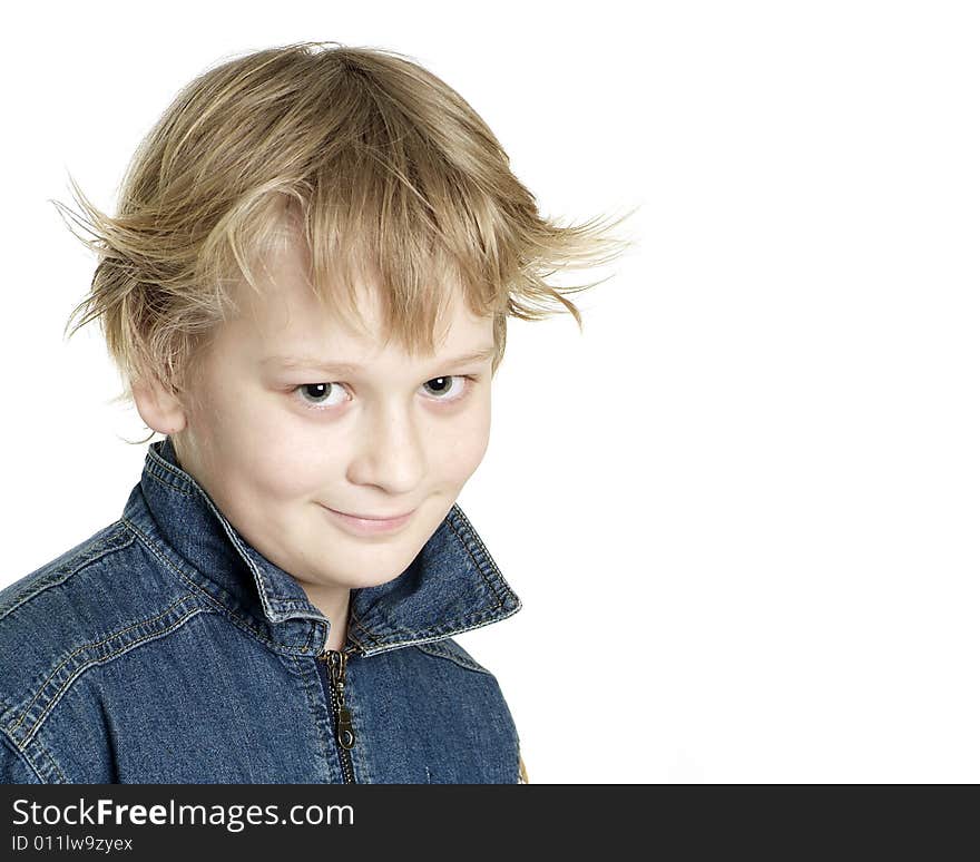 Little sly boy on a white background