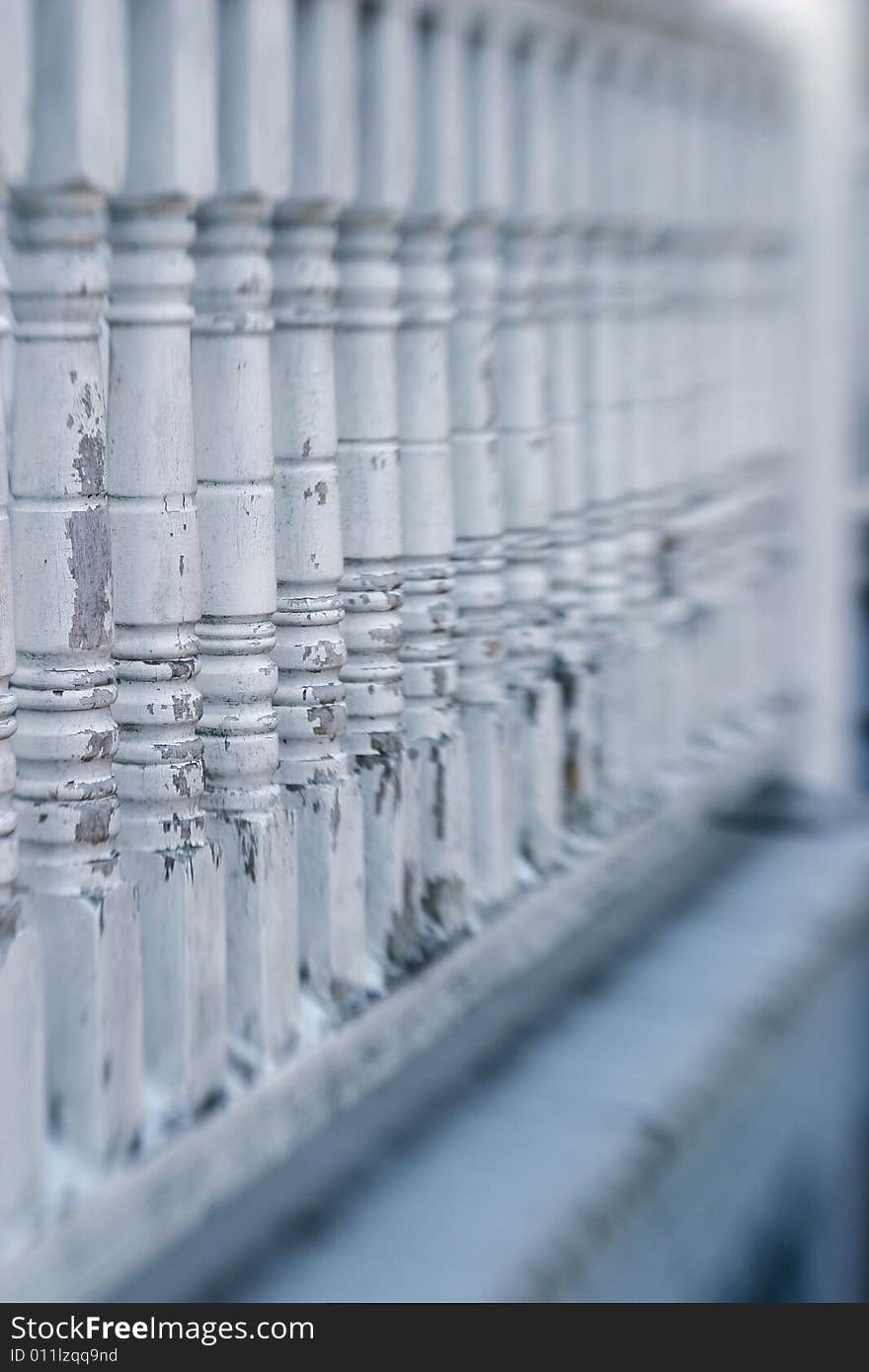 A selective-focus shot of a neglected late Victorian balustrade in Cape May, New Jersey