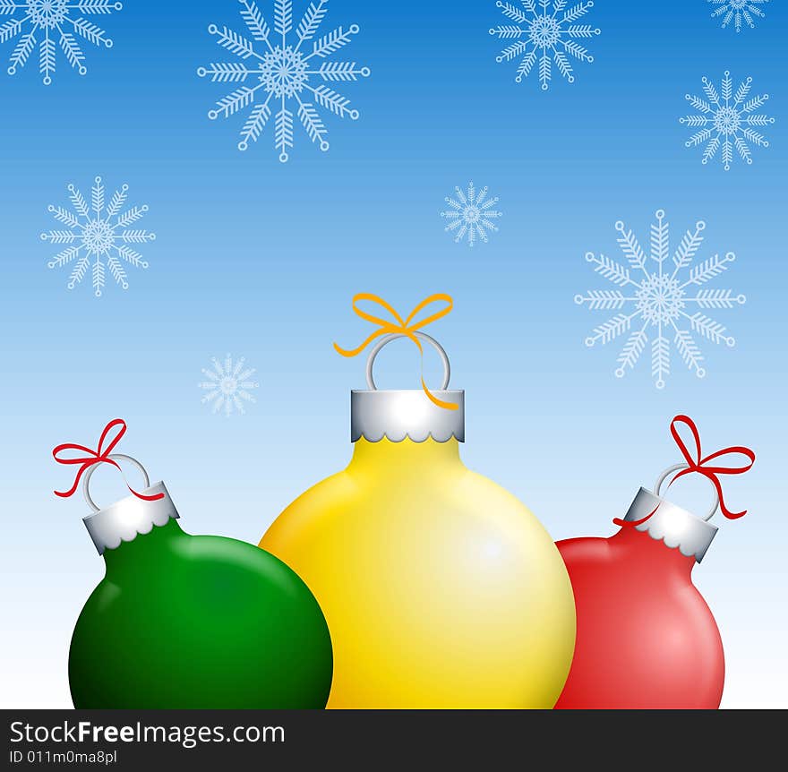 A background illustration featuring a bunch of shiny red, green, and yellow Christmas ornaments against blue snowflake background. A background illustration featuring a bunch of shiny red, green, and yellow Christmas ornaments against blue snowflake background