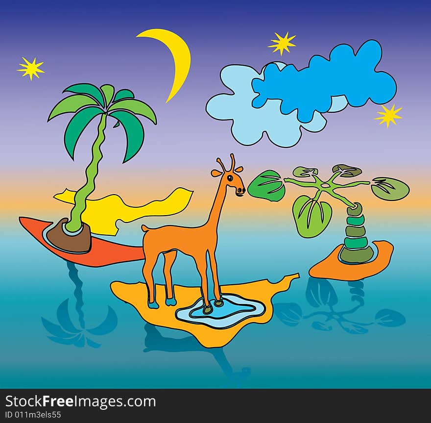 Giraffe on the sea island under the moon, vector illustration. Giraffe on the sea island under the moon, vector illustration