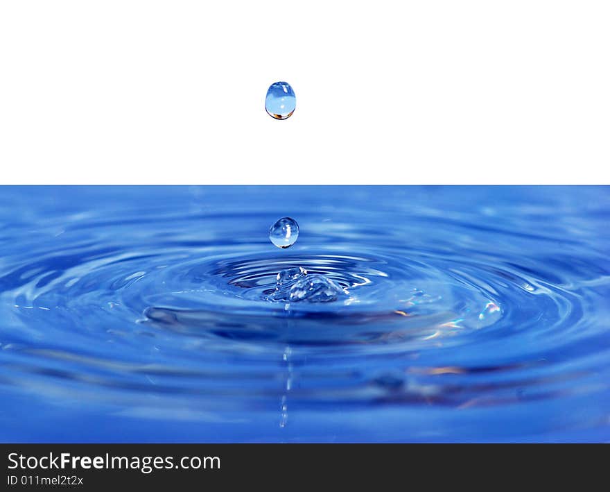 The round transparent drop of water falls downward