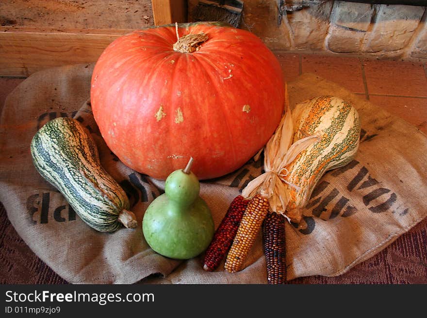 Pumpkin gourds squash corn on a burlap sack. Pumpkin gourds squash corn on a burlap sack