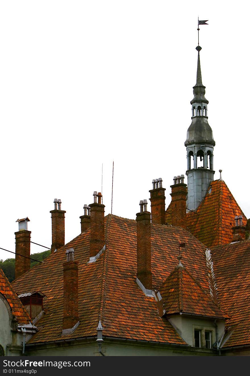 Medieval castle roof over whit