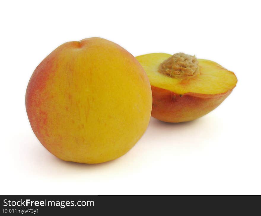 Juicy peach fruit, isolated, white background