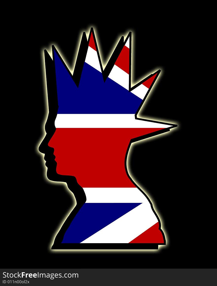 A profile of a punk head with the UK flag within the head. A profile of a punk head with the UK flag within the head.