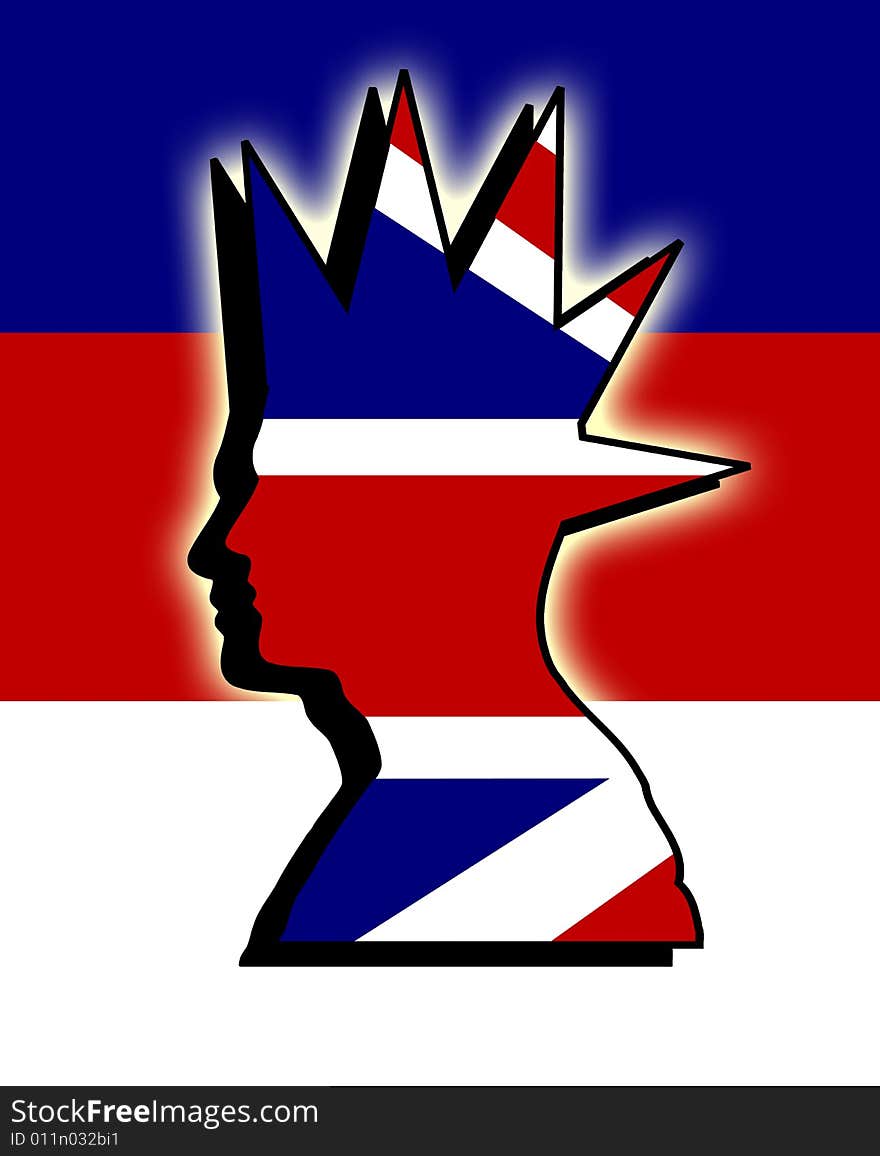 A profile of a punk head with the UK flag within the head. A profile of a punk head with the UK flag within the head.