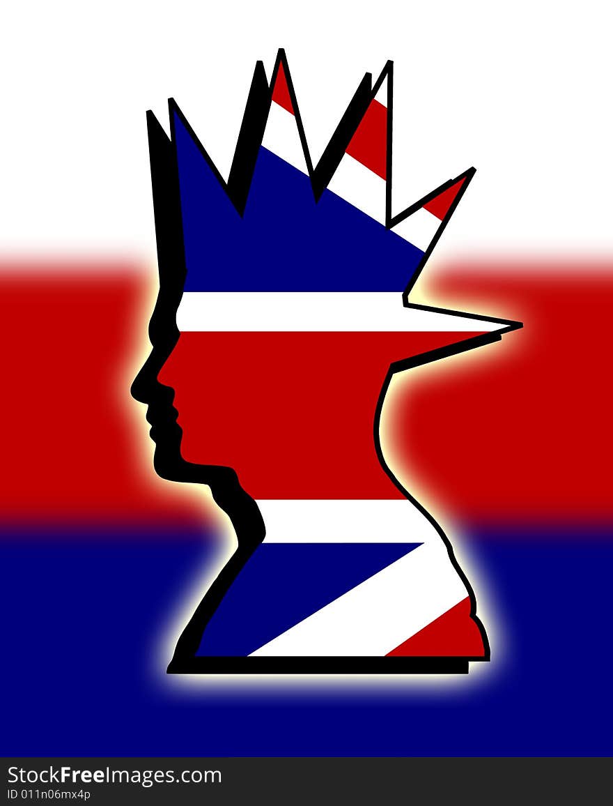 A profile of a punk head with the UK flag within the head. A profile of a punk head with the UK flag within the head.