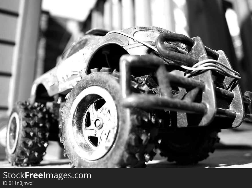 Toy 4x4 truck black and white composition. Toy 4x4 truck black and white composition