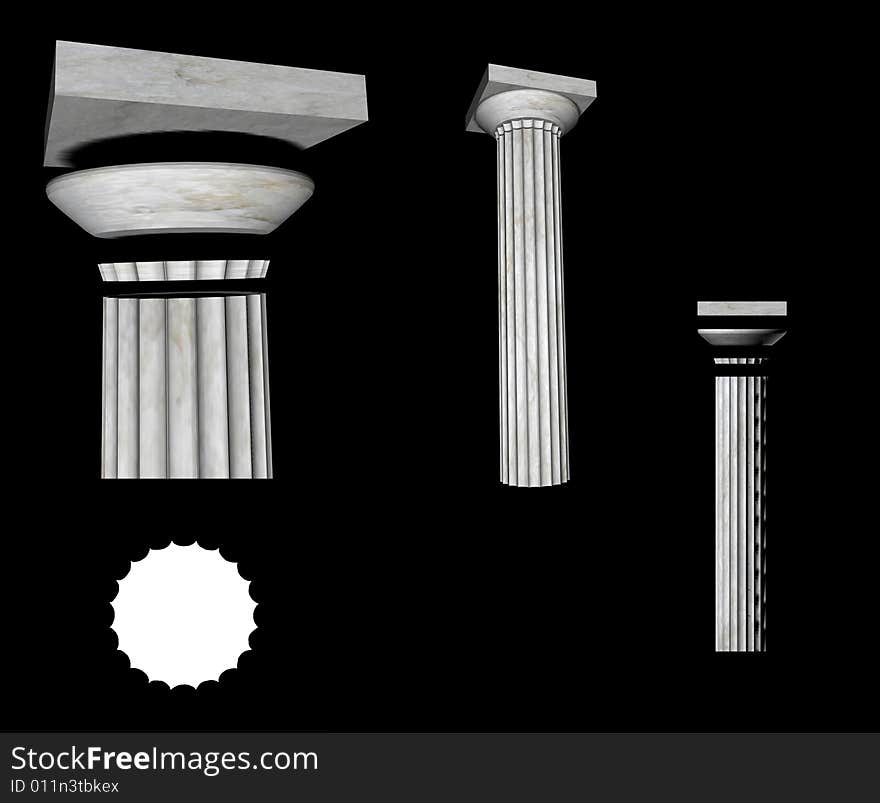 Different views of an ancient doric column of a greek temple. The reconstructed column is in marble and there are visible details like capital, echinus, abacus and flutes. Different views of an ancient doric column of a greek temple. The reconstructed column is in marble and there are visible details like capital, echinus, abacus and flutes