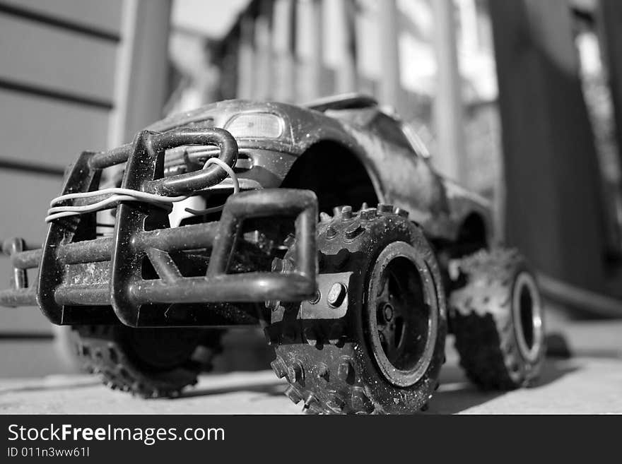 Toy 4x4 truck black and white composition. Toy 4x4 truck black and white composition