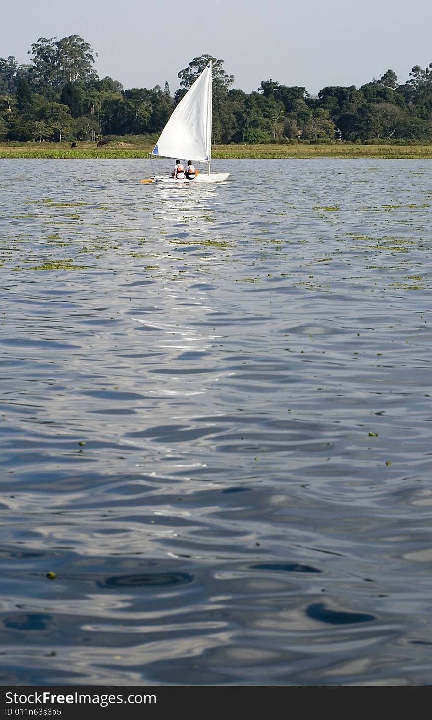 Couple Sailing Across Lake - Vertical